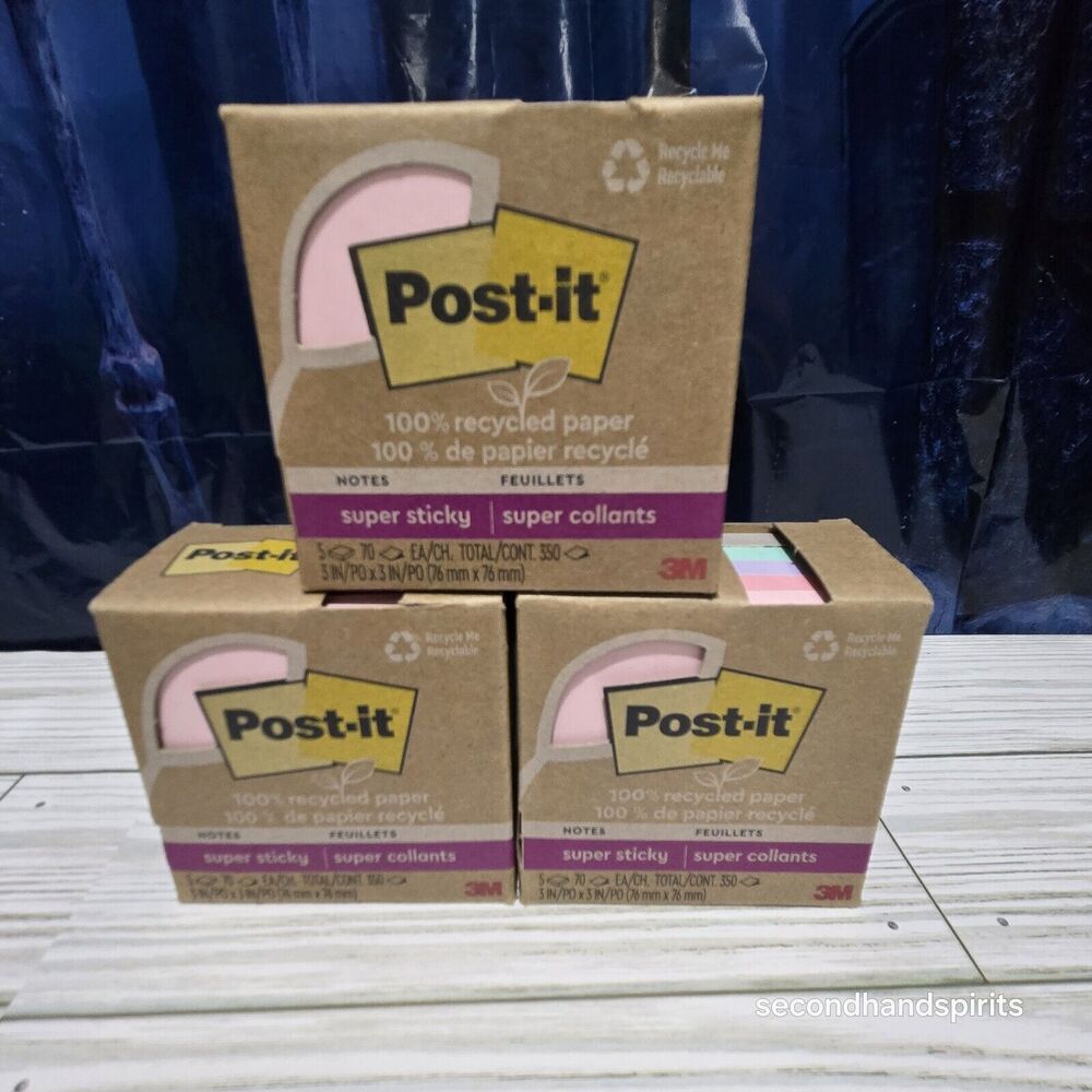 100% Recycled Paper Super Sticky Post It Notes, 3" Wanderlust Pastels 3 Boxes